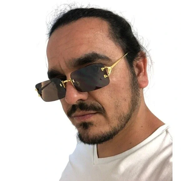 Men Sunglasses Dark Brown Lens Gold Accents Rectangle Frame Men's Fashion Trendy - Picture 5 of 5